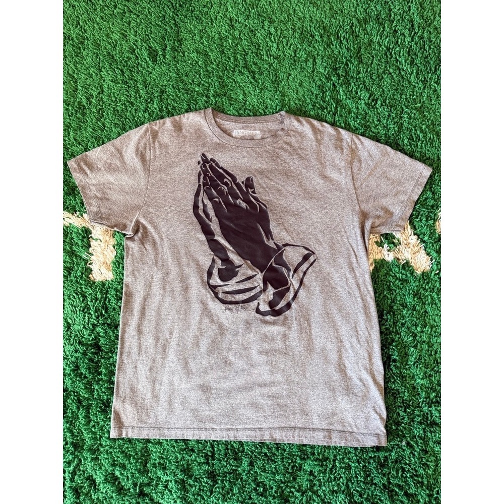 Ring of Fire Mens T-Shirt Gray Praying Hands Graphic Crew Neck Short Sleeve
